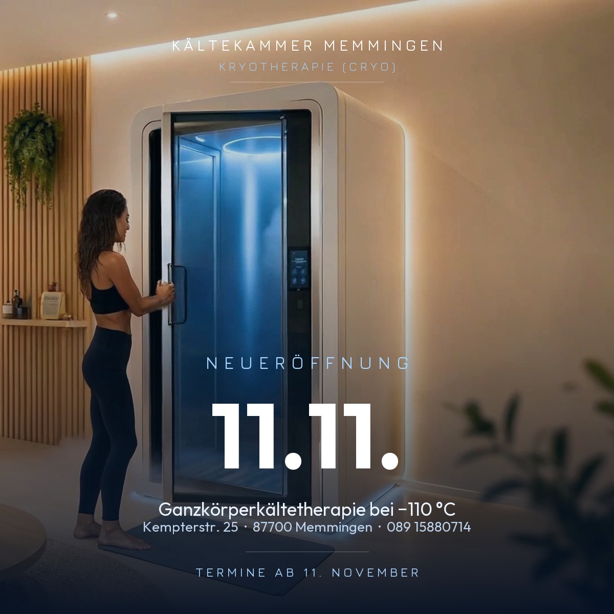 Kältekammer Memmingen – Neueröffnung am 11.11.2026, Ganzkörperkältetherapie bei -110 °C